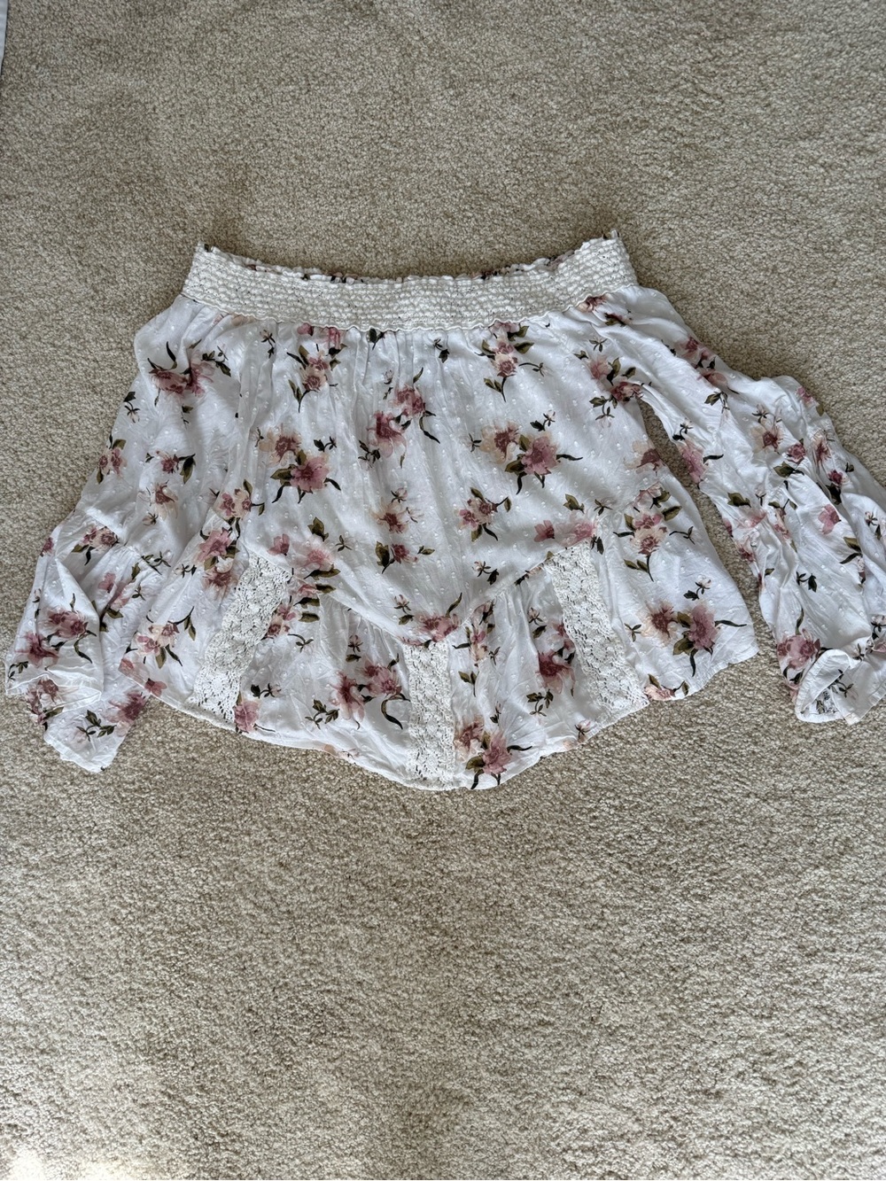American Eagle White Floral Off-Shoulder Blouse with Lace Trim